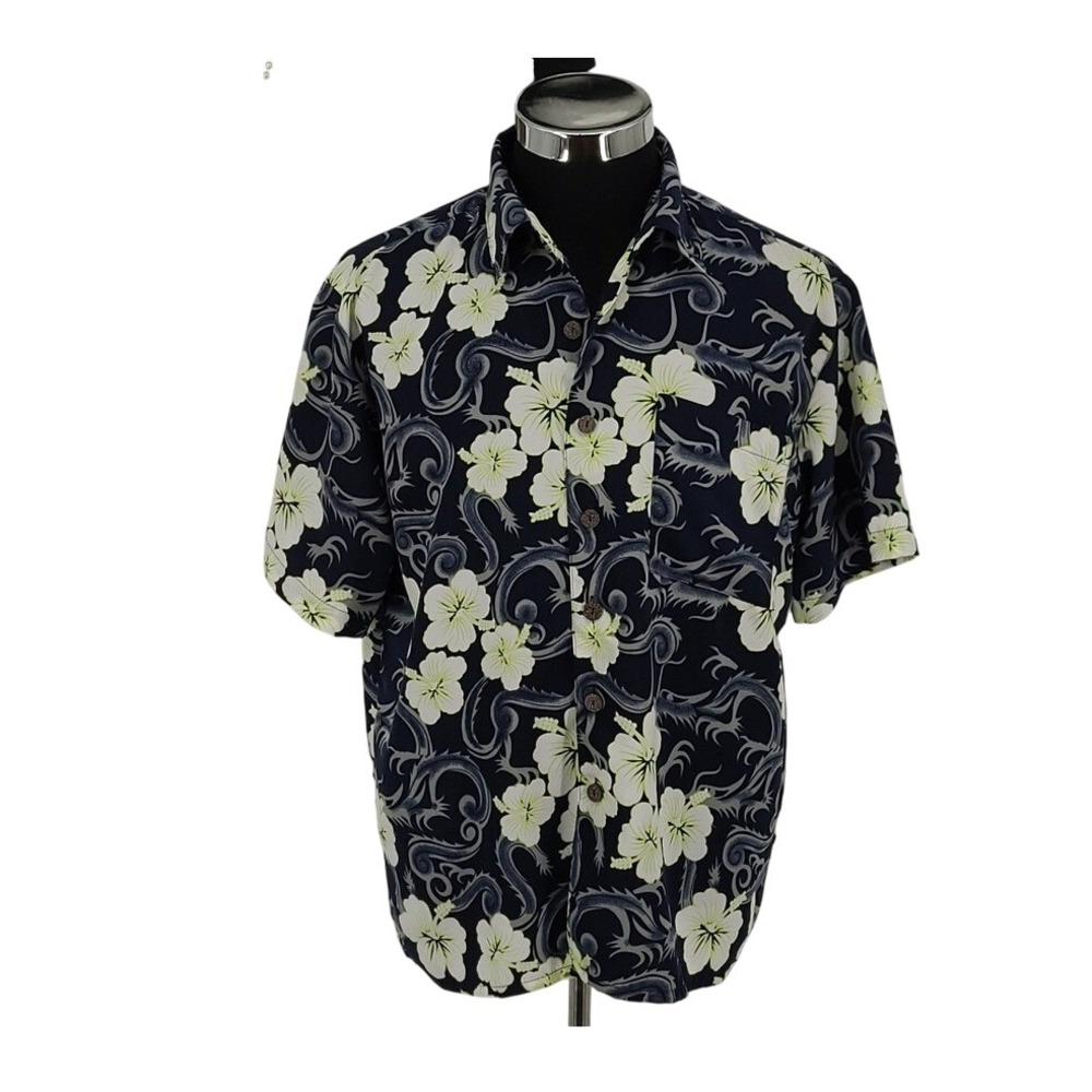 Extreme Gear Mens Large Navy Blue Hibiscus Dragon Print Button Up Shirt Summer